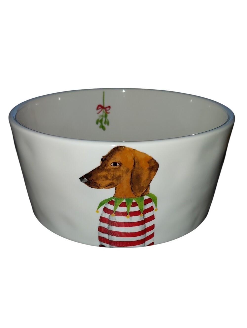 Rae Dunn Dachshund Mistletoe Christmas Ceramic White Pet Bowl 5.75" by 2.75"